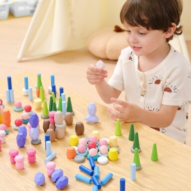 VIGA edukacinės medinės kaladėlės Montessori rūšiuoklis 141 el.