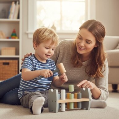 Viga PolarB medinė kalimo dėlionė su plaktuku Pingvinas Montessori