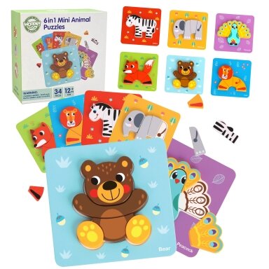 WOOPIE GREEN Medinė dėlionė Kaladėlės Gyvūnėliai Montessori FSC 34el.
