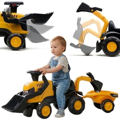 FALK Ežiukas traktorius JCB su priekaba, grėbliukais ir kastuvėliu, tylūs ratai 1–3 m.