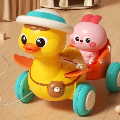 WOOPIE BABY geltona antytė su rožiniu kiškučiu priekabėlėje traukimui