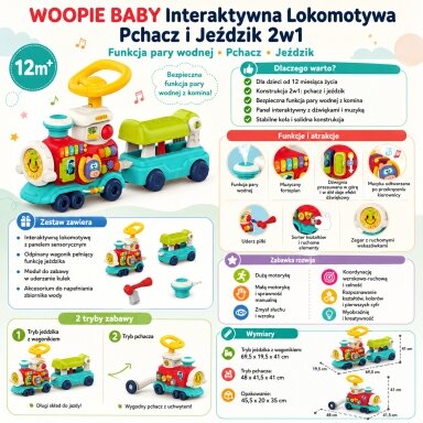 WOOPIE BABY Lokomotyvas stumdukas – paspirtukas 2in1 interaktyvus traukinys
