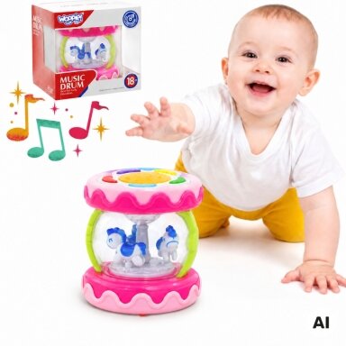 WOOPIE BABY Rožinis būgnelis – muzikinė dėžutė su projektoriumi 3in1 muzikinis žaislas kūdikiams + volelis (roller) ropojimo mokymuisi
