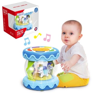 WOOPIE BABY Būgnelis su muzikine dėžute ir projektoriumi 3in1 muzikinis žaislas kūdikiams + volas (rolleris) ropojimo mokymuisi