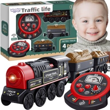 WOOPIE Elektrinis nuotoliniu būdu valdomas lokomotyvas Retro traukinukas 4 vnt. WOOPIE Elektrinis nuotoliniu būdu valdomas lokomotyvas Retro traukinukas 4 vnt.
