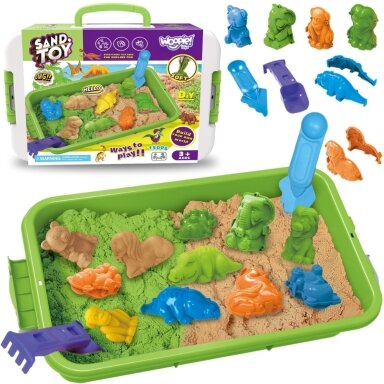 WOOPIE Kinetinis smėlis 1,5 kg XXL rinkinys ZOO Safari staliukas su formelėmis