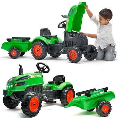 FALK X Tractor žalias pedalinis traktoriukas su priekaba, signalas, 2–5 m.