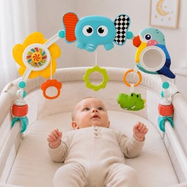 WOOPIE BABY Sensorinis lankas su žaislais lovytei ir vežimėliui Drambliukas Papūga