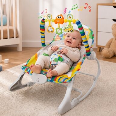 WOOPY BABY Interaktyvus sūpuojamas gultukas su vibracija ir žaislų lanku, įvairiaspalvis