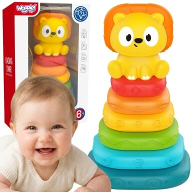 WOOPIE BABY Sensorinė piramidė Bokštas Dėlionė Liūtas 6m+