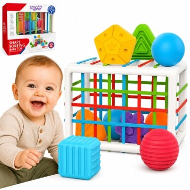 WOOPIE BABY Elastingas sensorinis kubas-rūšiuoklis vaikams Spalvotos formos 13 vnt.
