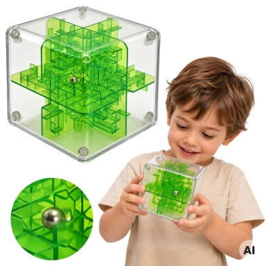 WOOPIE 3D labirinto kubas su rutuliuku, žalias loginis ir vikrumo galvosūkis