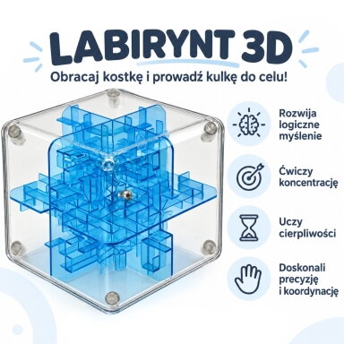 WOOPIE 3D labirintas – mėlynas loginis kubas su rutuliuku, vikrumo galvosūkis