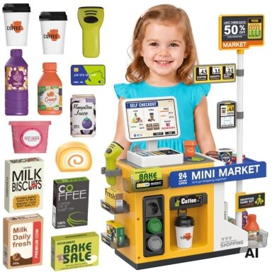 WOOPIE Parduotuvė Mini Market Interaktyvus kasos aparatas Skeneris Priedai Garsai Šviesa