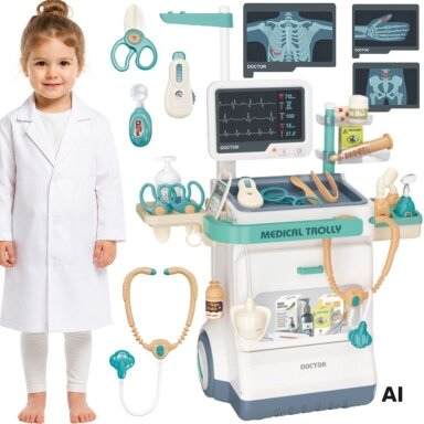 WOOPIE Gydytojo vežimėlis Rinkinys Mažasis daktaras EKG Garsas Šviesa Reguliuojamas 26el
