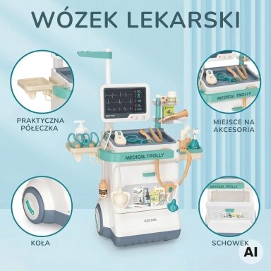 WOOPIE Gydytojo vežimėlis Rinkinys Mažasis daktaras EKG Garsas Šviesa Reguliuojamas 26el