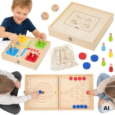 VIGA medinis vikrumo žaidimas 4in1 Stalo ledo ritulys Kerlingas Boulingas Ludo
