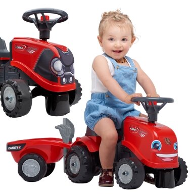FALK Ežiukas Traktoriukas Baby Case IH Ride-On raudonas su priekaba + priedai nuo 12 mėn.