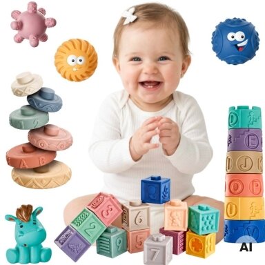 WOOPIE BABY 27 minkštų sensorinių kaladėlių rinkinys