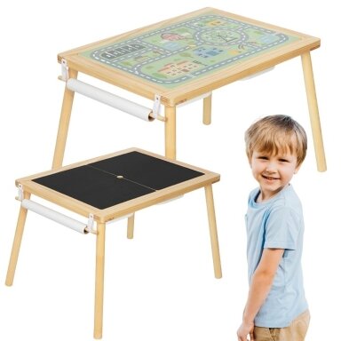 WOOPIE GREEN Medinis veiklų staliukas 4in1 Montessori Kreidinė lenta Dėžutės Miesto žemėlapis Piešimo popierius