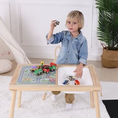 WOOPIE GREEN Medinis veiklų staliukas 4in1 Montessori Kreidinė lenta Dėžutės Miesto žemėlapis Piešimo popierius