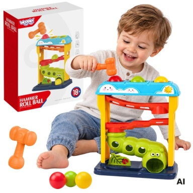 WOOPIE BABY edukacinis kamuoliukų takelis su plaktuku ir iššokančiais elementais Pop-Up