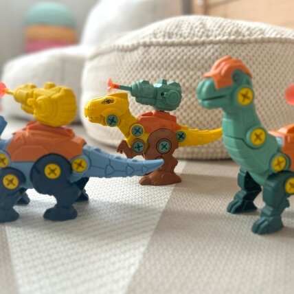 WOOPIE Dinozaurų suveržimo rinkinys 3 vnt. Konstrukcinis rinkinys dėžutėje + gręžtuvas ir atsuktuvas 4