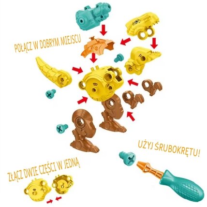 WOOPIE Dinozaurų suveržimo rinkinys 3 vnt. Konstrukcinis rinkinys dėžutėje + gręžtuvas ir atsuktuvas 9