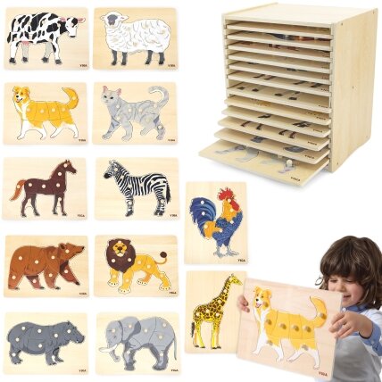 VIGA medinių dėlionių rinkinys 12 dėlionių Gyvūnėliai Montessori + stovas VIGA medinių dėlionių rinkinys 12 dėlionių Gyvūnėliai Montessori + stovas