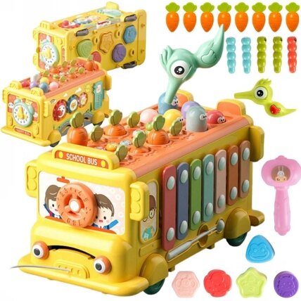 WOOPIE BABY Interaktyvus Montessori edukacinis autobusas 6in1 Plaktukas Ksilofonas +18 mėn.