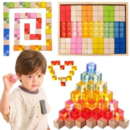 VIGA sensorinės kaladėlės medinės spalvotos permatomos Montessori 108 EL
