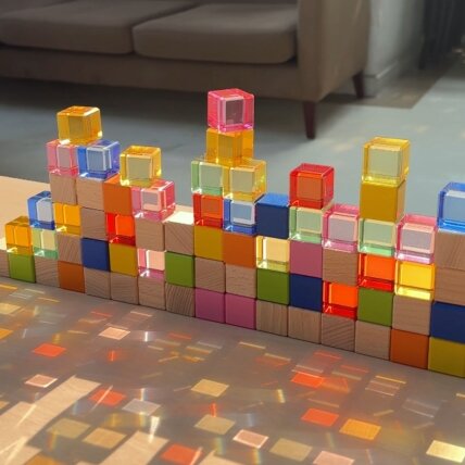 VIGA sensorinės kaladėlės medinės spalvotos permatomos Montessori 108 EL 6 VIGA sensorinės kaladėlės medinės spalvotos permatomos Montessori 108 EL 6