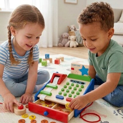 VIGA medinė parduotuvės kasa su priedais – Montessori skeneris 2 VIGA medinė parduotuvės kasa su priedais – Montessori skeneris 2