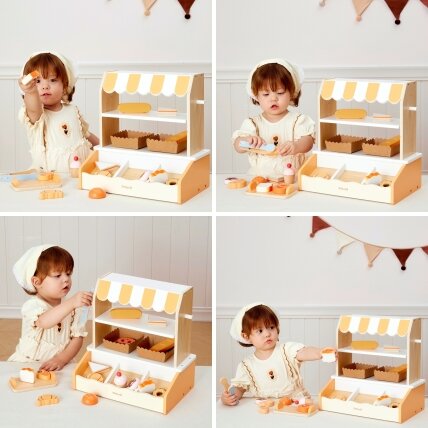 VIGA medinė mini kepyklėlė – parduotuvėlė / prekystalis su kepiniais, 16 vnt. 2