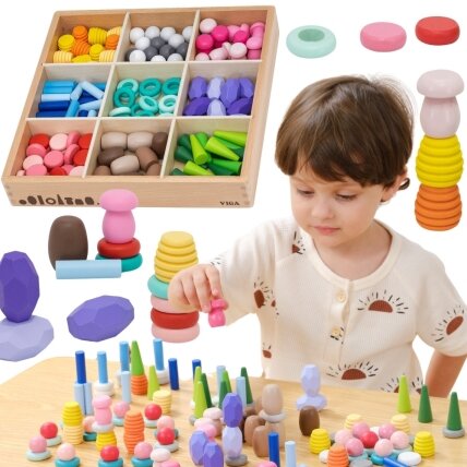 VIGA edukacinės medinės kaladėlės Montessori rūšiuoklis 141 el.