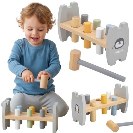Viga PolarB medinė kalimo dėlionė su plaktuku Pingvinas Montessori