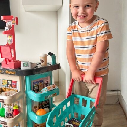 WOOPIE Parduotuvė Supermarketas ir pirkinių vežimėlis Krepšelis Parduotuvės kasa Svarstyklės Skaitytuvas 47 priedai 3