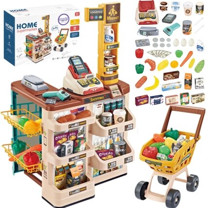 WOOPIE Parduotuvė–supermarketas su vežimėliu, svarstyklės, kasa, skeneris + 48 priedai