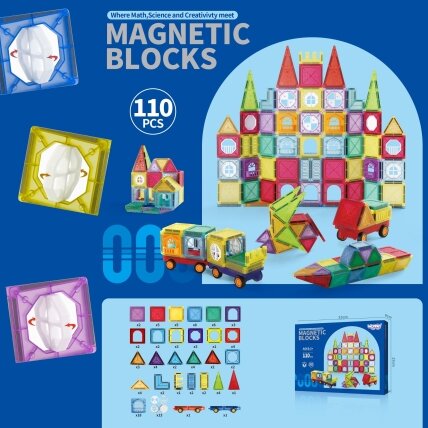 WOOPIE magnetinės konstrukcinės 3D kaladėlės edukacinis rinkinys Pilis Transporto priemonės 110 el. 8