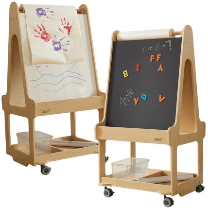 MASTERKIDZ Dvipusė sauso trynimo lenta-molbertas 3in1 ant ratukų