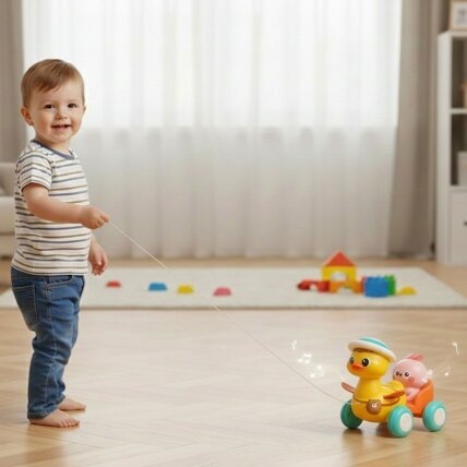 WOOPIE BABY geltona antytė su rožiniu kiškučiu priekabėlėje traukimui 2