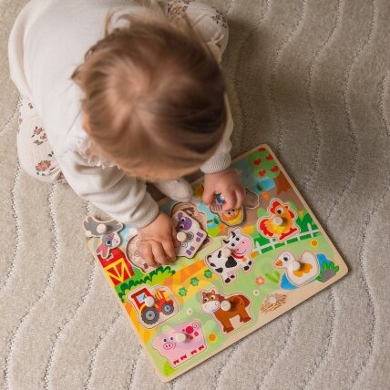 WOOPIE GREEN Medinės Montessori dėlionės Ūkis su kaištukais derinimui 5