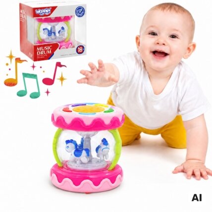 WOOPIE BABY Rožinis būgnelis – muzikinė dėžutė su projektoriumi 3in1 muzikinis žaislas kūdikiams + volelis (roller) ropojimo mokymuisi