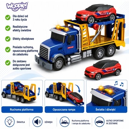 WOOPIE Autovežis Sunkvežimis Transporteris su automobiliuku Šviesa Garsas M 1:14 2 WOOPIE Autovežis Sunkvežimis Transporteris su automobiliuku Šviesa Garsas M 1:14 2