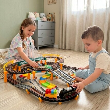 WOOPIE Elektrinis traukinukas Lenktynių trasa 2in1 Traukinys Viadukas Automobilis XXL 192 el. 2
