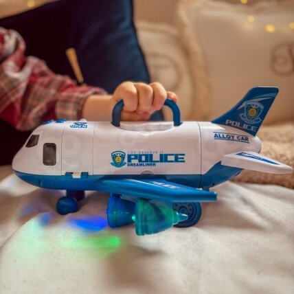 WOOPIE Išskleidžiamas lėktuvas-transporteris Policija su 3 policijos automobiliais XL rinkinys kelio ženklai 1