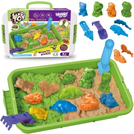 WOOPIE Kinetinis smėlis 1,5 kg XXL rinkinys ZOO Safari staliukas su formelėmis