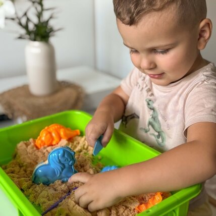 WOOPIE Kinetinis smėlis 1,5 kg XXL rinkinys ZOO Safari staliukas su formelėmis 4