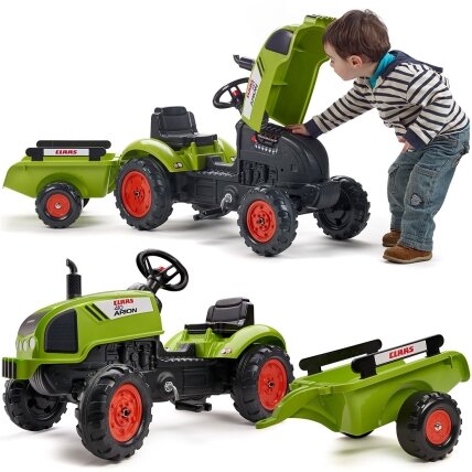 FALK Claas žalias pedalinis traktoriukas su signalu ir priekaba 2–5 m.