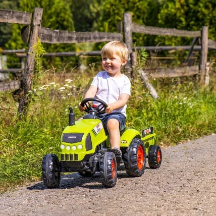 FALK Claas žalias pedalinis traktoriukas su signalu ir priekaba 2–5 m. 1 FALK Claas žalias pedalinis traktoriukas su signalu ir priekaba 2–5 m. 1